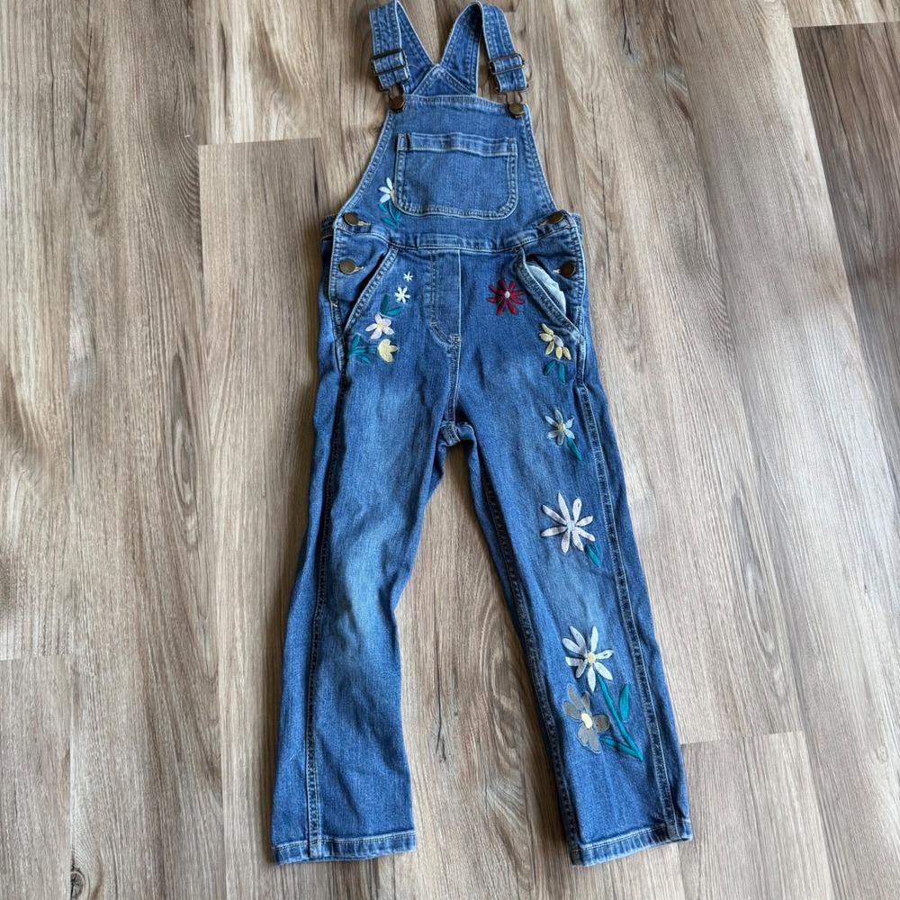 Hanna Andersson Kids Floral Embroidered Denim Overalls Blue Size 120 US 6-7